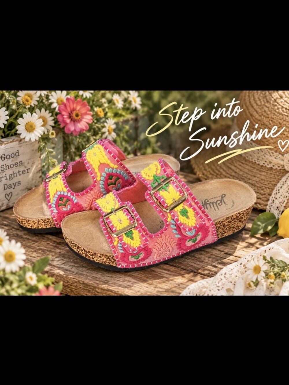 Jellypop Adelina Pink Floral Embroidered Double Buckle Cork Wedge Sandals Size 8